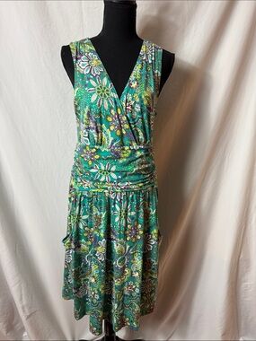 Athleta Teal Floral Sleeveless V-Neck Midi Dress